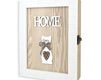Wooden Key Cabinet for Wall Rustic Key Box with 6 Hooks Farmhouse Key Holder Key Rack Decorative Key Organizer with Cat and HOME Lettering