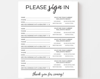 Op de afbeelding: Een wit aanmeldformulier met de woorden "PLEASE sign IN" bovenaan. Het formulier bevat velden voor naam, telefoon en e-mail, samen met vragen over vastgoedbehoeften. De zin "thank you for coming!" staat onderaan.