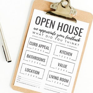 May include: A white open house feedback form on a clipboard. The form asks visitors to rate different aspects of the house, such as curb appeal, bathrooms, kitchen, value, location, and living room, on a scale of 1 to 5.