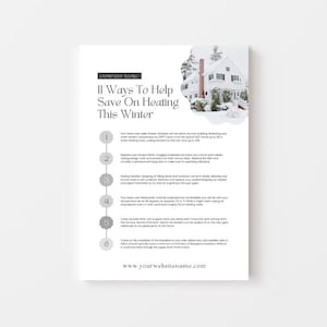 Op de afbeelding: Een witte en grijze infographic met de titel "II Ways To Help Save On Heating This Winter". De infographic somt zes tips op om geld te besparen op stookkosten tijdens de wintermaanden. De infographic is geïllustreerd met een besneeuwd huis.