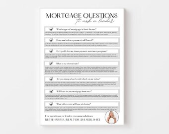 May include: A checklist of questions to ask a mortgage lender. The checklist includes questions about the type of mortgage, down payment, interest rate, credit check, mortgage insurance, and other costs. The checklist also includes the name and phone number of a realtor.