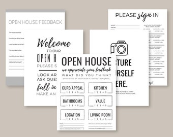Op de afbeelding: Zwart-witte open huis feedbackformulier met een camera-icoon en de tekst "Welkom bij ons open huis, Meld u aan, Maak een foto van uzelf hier". Het formulier vraagt om feedback over de aantrekkelijkheid van de stoep, badkamers, keuken, waarde, locatie en woonkamer.