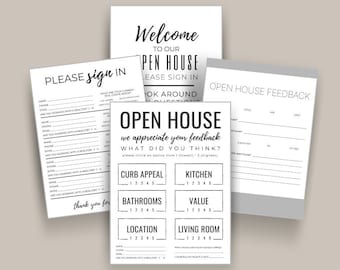 May include: Black and white open house feedback form with a rating scale for curb appeal, kitchen, bathrooms, value, location, and living room. The form asks visitors to rate each category from 1 to 5, with 1 being the lowest and 5 being the highest.
