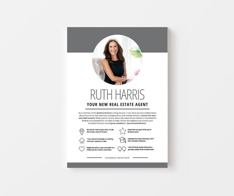 May include: A white and grey real estate agent business card featuring a headshot of Ruth Harris. The card includes the text "Ruth Harris, Your New Real Estate Agent" and lists several reasons to choose her as your agent.