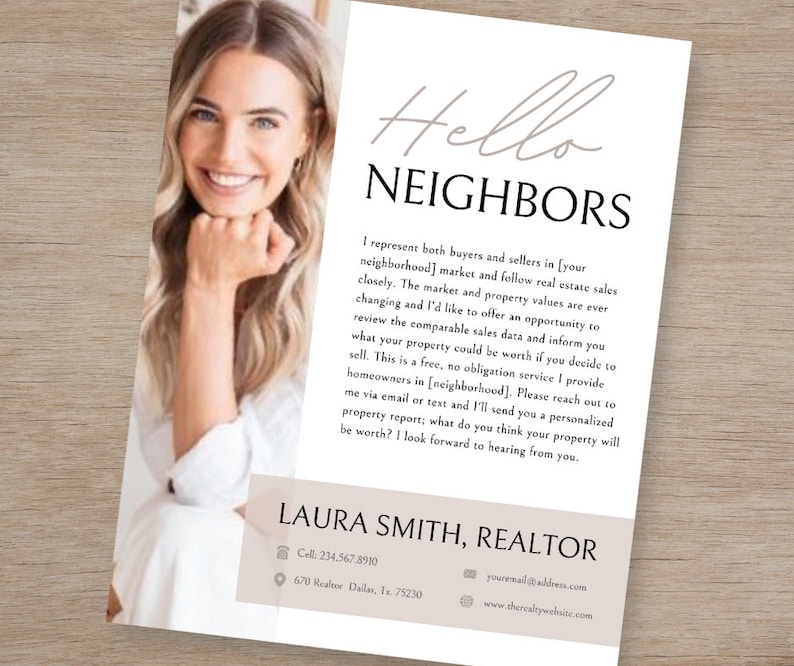 Puede incluir: Una tarjeta de visita blanca y marr&oacute;n con una foto de una mujer sonriendo. El texto en la tarjeta dice "Hello Neighbors" y "Laura Smith, Realtor". La tarjeta tambi&eacute;n incluye informaci&oacute;n de contacto, como un n&uacute;mero de tel&eacute;fono, una direcci&oacute;n de correo electr&oacute;nico y un sitio web.