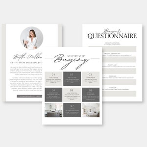 May include: A step-by-step guide to buying a home with a real estate agent. The guide includes seven steps: consultation, pre-qualified, home search, make an offer, home inspection, appraisal & title search, and closing. The guide also includes a questionnaire for buyers to fill out.