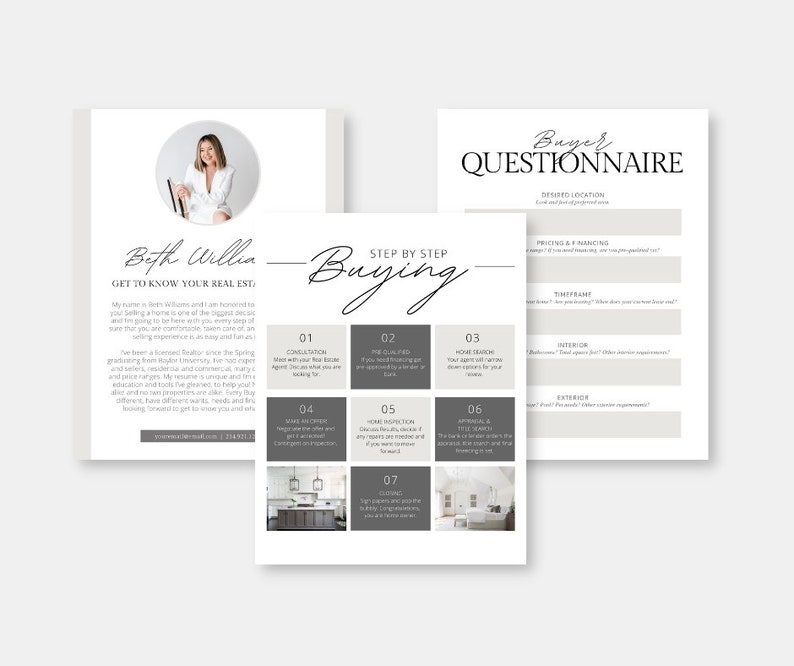 May include: A step-by-step guide to buying a home with a real estate agent. The guide includes seven steps: consultation, pre-qualified, home search, make an offer, home inspection, appraisal & title search, and closing. The guide also includes a questionnaire for buyers to fill out.