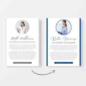 May include: Two side-by-side images of real estate agents. Each image features a headshot of the agent, their name, and a brief description of their experience and services. The text includes the phrase "Get to Know Your Real Estate Agent" and "Get to Know Your Realtor".
