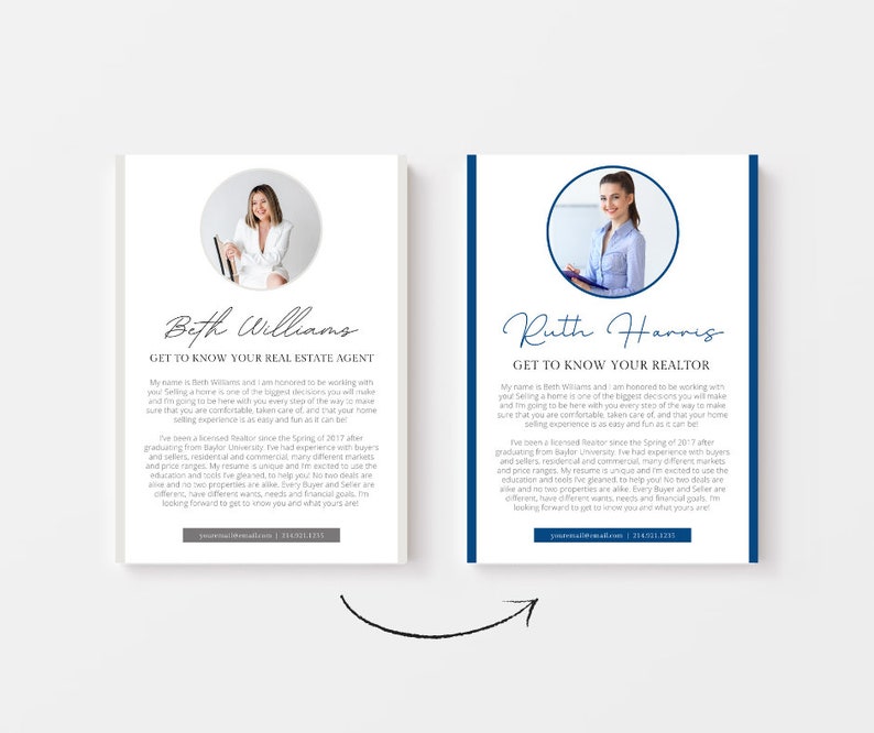 May include: Two side-by-side images of real estate agents. Each image features a headshot of the agent, their name, and a brief description of their experience and services. The text includes the phrase "Get to Know Your Real Estate Agent" and "Get to Know Your Realtor".