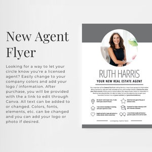 May include: A grey and white flyer featuring a smiling woman. The flyer is for a new real estate agent called Ruth Harris. The text on the flyer says "Your New Real Estate Agent" and includes information about her services. The flyer also includes a company name.