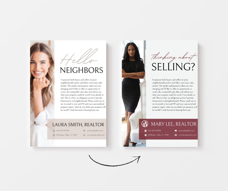 Puede incluir: Dos tarjetas de visita de agentes inmobiliarios con fotos de los agentes e informaci&oacute;n de contacto. El texto en las tarjetas dice "Hello Neighbors" y "Thinking about Selling?"