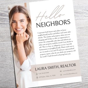 Puede incluir: Una tarjeta de presentaci&oacute;n de un agente inmobiliario con una foto de una mujer sonriendo. La tarjeta tiene un fondo marr&oacute;n claro con texto blanco. El texto dice "Hello Neighbors" e incluye el nombre del agente inmobiliario, su informaci&oacute;n de contacto y la direcci&oacute;n de su sitio web.