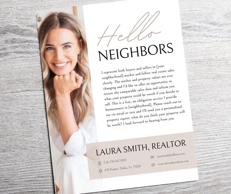 Puede incluir: Una tarjeta de presentaci&oacute;n de un agente inmobiliario con una foto de una mujer sonriendo. La tarjeta tiene un fondo marr&oacute;n claro con texto blanco. El texto dice "Hello Neighbors" e incluye el nombre del agente inmobiliario, su informaci&oacute;n de contacto y la direcci&oacute;n de su sitio web.