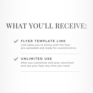 Puede incluir: Una ilustraci&oacute;n digital de una marca de verificaci&oacute;n con el texto "WHAT YOU'LL RECEIVE:" encima. Debajo de la marca de verificaci&oacute;n est&aacute; el texto "FLYER TEMPLATE LINK" y una descripci&oacute;n de lo que proporciona el enlace. Debajo de eso hay otra marca de verificaci&oacute;n con el texto "UNLIMITED USE" y una descripci&oacute;n de lo que eso significa.