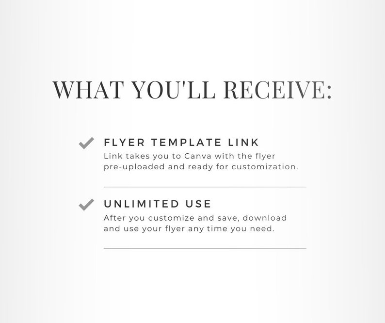Puede incluir: Una ilustraci&oacute;n digital de una marca de verificaci&oacute;n con el texto "WHAT YOU'LL RECEIVE:" encima. Debajo de la marca de verificaci&oacute;n est&aacute; el texto "FLYER TEMPLATE LINK" y una descripci&oacute;n de lo que proporciona el enlace. Debajo de eso hay otra marca de verificaci&oacute;n con el texto "UNLIMITED USE" y una descripci&oacute;n de lo que eso significa.