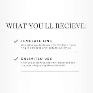 Op de afbeelding: Tekst op een witte achtergrond die "WHAT YOU'LL RECIEVE:" luidt met twee vinkjes. Het eerste vinkje staat naast de tekst "TEMPLATE LINK" en het tweede vinkje naast de tekst "UNLIMITED USE".