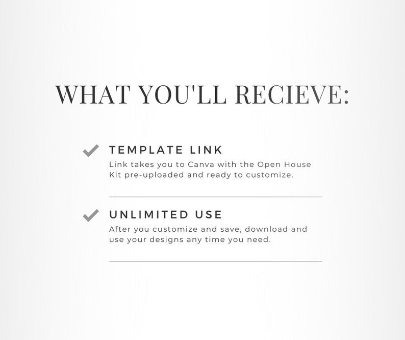 Op de afbeelding: Tekst op een witte achtergrond die "WHAT YOU'LL RECIEVE:" luidt met twee vinkjes. Het eerste vinkje staat naast de tekst "TEMPLATE LINK" en het tweede vinkje naast de tekst "UNLIMITED USE".