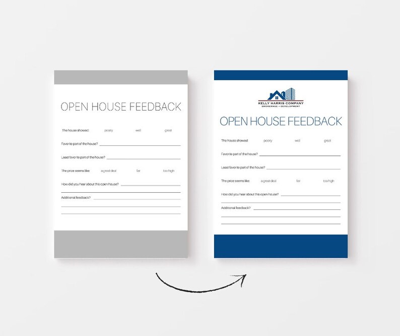 Op de afbeelding: Een blauw en wit open huis feedbackformulier met de tekst "OPEN HOUSE FEEDBACK" en een logo voor Kelly Harris Company. Het formulier stelt vragen over het huis, de prijs en hoe de persoon van het open huis heeft gehoord.