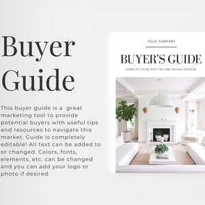 May include: A white and gold buyer's guide with the text "Buyer's Guide" and "Complete Guide for the Home Buying Process". The cover features a photo of a white living room with a white sofa, a white coffee table, and a large white lamp.