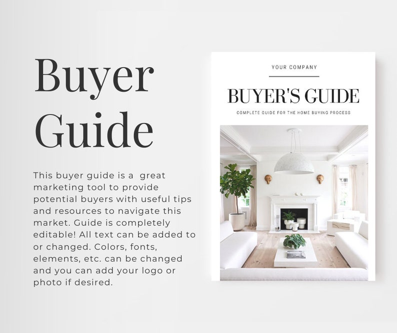 May include: A white and gold buyer's guide with the text "Buyer's Guide" and "Complete Guide for the Home Buying Process". The cover features a photo of a white living room with a white sofa, a white coffee table, and a large white lamp.