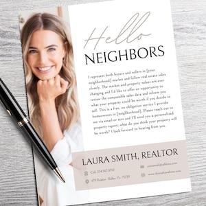 Puede incluir: Una postal de color beige y blanco con una foto de una mujer sonriendo. El texto dice "Hola vecinos" e incluye informaci&oacute;n sobre una agente inmobiliaria, Laura Smith. El texto incluye su n&uacute;mero de tel&eacute;fono, direcci&oacute;n de correo electr&oacute;nico y sitio web.