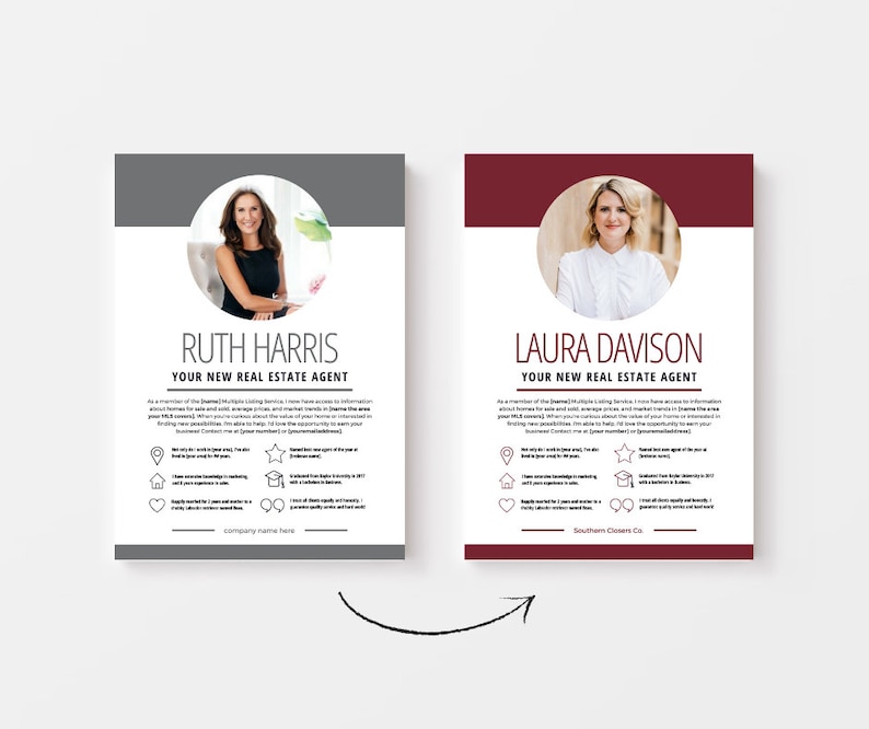 May include: Two business cards with a grey and burgundy background. Each card features a headshot of a woman in a circle, their name, the title "Your New Real Estate Agent", and a list of services offered. The text on the grey card reads "Ruth Harris" and the text on the burgundy card reads "Laura Davison".