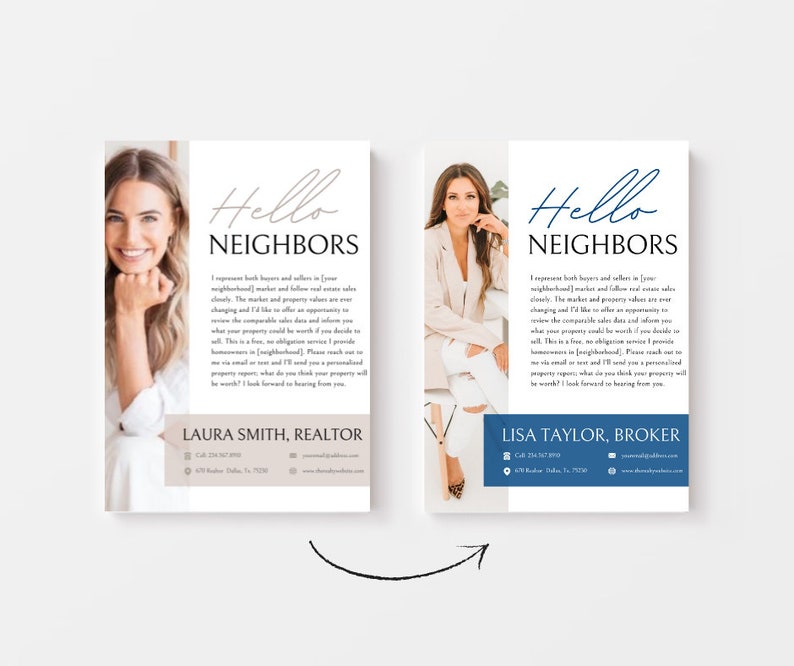 Puede incluir: Dos tarjetas de visita azules y blancas con una foto de una mujer en cada una. El texto en las tarjetas dice "Hello Neighbors" e incluye el nombre y el t&iacute;tulo del agente inmobiliario. El texto tambi&eacute;n incluye la informaci&oacute;n de contacto del agente.