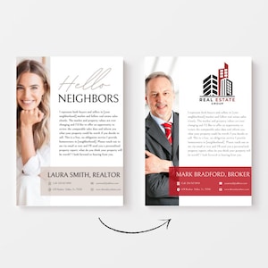 Puede incluir: Dos tarjetas de visita blancas con fotos de agentes inmobiliarios. La tarjeta de la izquierda presenta a una mujer con el texto "Hello Neighbors" y "Laura Smith, Realtor". La tarjeta de la derecha presenta a un hombre con el texto "Real Estate Group" y "Mark Bradford, Broker".