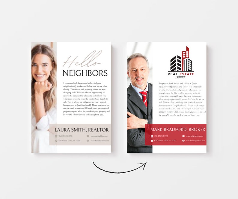 Puede incluir: Dos tarjetas de visita blancas con fotos de agentes inmobiliarios. La tarjeta de la izquierda presenta a una mujer con el texto "Hello Neighbors" y "Laura Smith, Realtor". La tarjeta de la derecha presenta a un hombre con el texto "Real Estate Group" y "Mark Bradford, Broker".