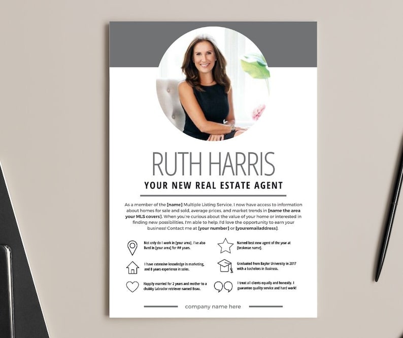 May include: A white and grey real estate agent business card with a headshot of a woman in a black dress. The card features the text "RUTH HARRIS YOUR NEW REAL ESTATE AGENT" and lists the agent's qualifications and contact information.