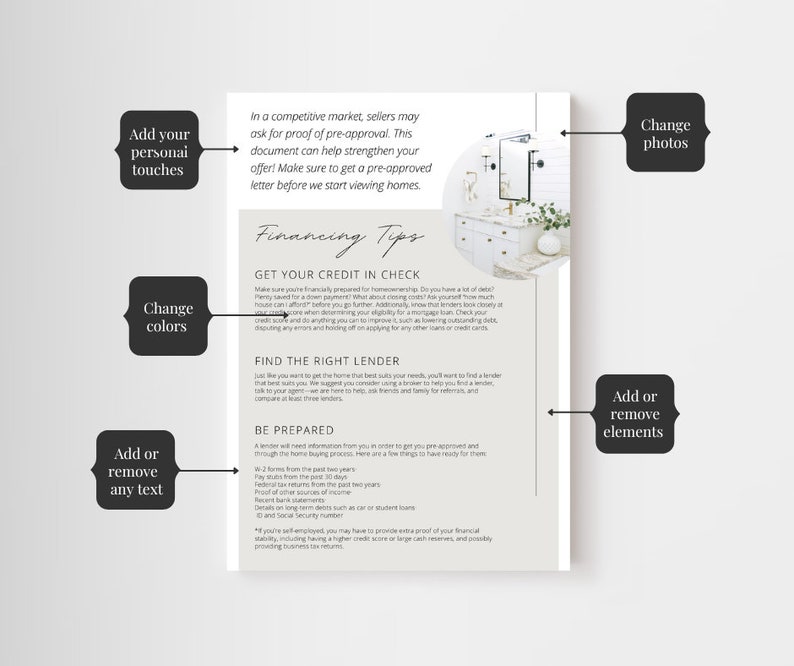 May include: A white and gray printable guide with the title "Financing Tips" and sections titled "Get Your Credit in Check", "Find the Right Lender", and "Be Prepared". The guide includes tips for homebuyers on how to prepare for a mortgage.