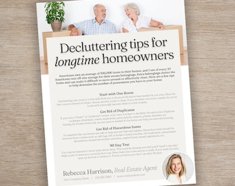 May include: Decluttering tips for longtime homeowners. A flyer with a photo of a couple in their home, with a list of tips to help declutter your home. The flyer includes the text "Start with One Room", "Get Rid of Duplicates", "Get Rid of Hazardous Items", and "90 Day Test".