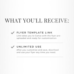 May include: A digital illustration of a checklist with two items. The first item is "Flyer Template Link" and the second item is "Unlimited Use".