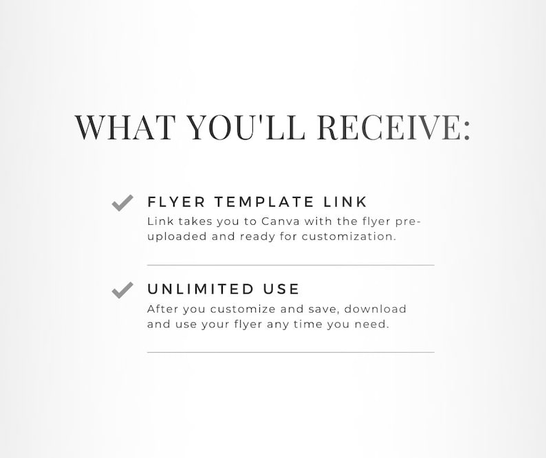May include: A digital illustration of a checklist with two items. The first item is "Flyer Template Link" and the second item is "Unlimited Use".