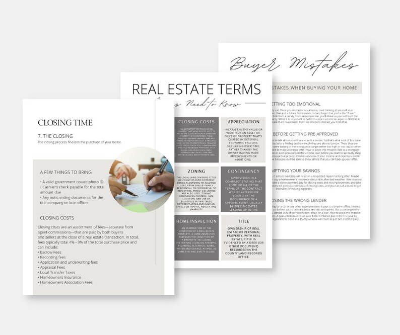 May include: A guide to real estate terms with a focus on closing costs, appreciation, zoning, contingency, home inspection, and title. The guide also includes common buyer mistakes, such as getting too emotional, not getting pre-approved, emptying savings, choosing the wrong lender, and closing on the wrong property.
