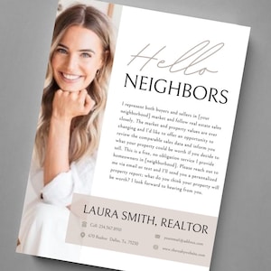 Puede incluir: Una tarjeta de visita blanca y beige con una foto de una mujer sonriendo. El texto en la tarjeta dice "Hello Neighbors" y "Laura Smith, Agente Inmobiliario". La tarjeta incluye informaci&oacute;n de contacto, como un n&uacute;mero de tel&eacute;fono, una direcci&oacute;n de correo electr&oacute;nico y un sitio web.