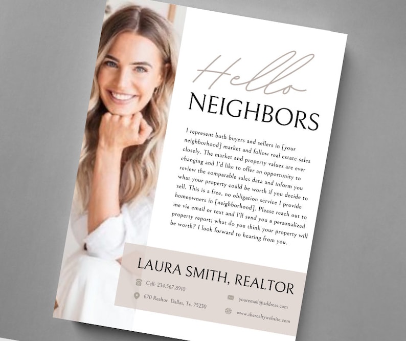 Puede incluir: Una tarjeta de visita blanca y beige con una foto de una mujer sonriendo. El texto en la tarjeta dice "Hello Neighbors" y "Laura Smith, Agente Inmobiliario". La tarjeta incluye informaci&oacute;n de contacto, como un n&uacute;mero de tel&eacute;fono, una direcci&oacute;n de correo electr&oacute;nico y un sitio web.