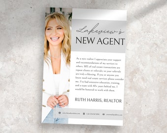 May include: A white business card with a photo of a woman smiling. The text on the card reads "Lakeview's NEW AGENT" and "RUTH HARRIS, REALTOR". The card also includes contact information for the realtor.