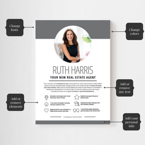 May include: A grey and white real estate agent business card featuring a headshot of a woman in a black top. The card includes the agent's name, "Ruth Harris", and the text "Your New Real Estate Agent".