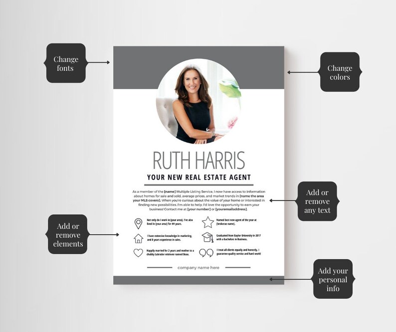 May include: A grey and white real estate agent business card featuring a headshot of a woman in a black top. The card includes the agent's name, "Ruth Harris", and the text "Your New Real Estate Agent".