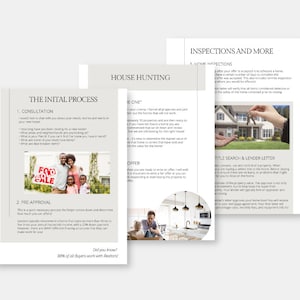 May include: A guide to the home buying process, with steps including consultation, pre-approval, house hunting, making an offer, inspections, title search, and lender letter. The guide also includes a statistic that 88% of buyers work with realtors.