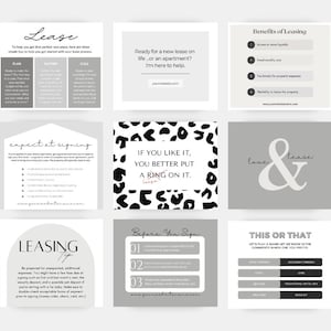 May include: A set of nine social media graphics for a real estate agent. The graphics are in a minimalist style with a grey and white colour scheme. The graphics include text such as "Lease", "Benefits of Leasing", "Expect at Signing", "Leasing Tips", "If You Like It, You Better Put a Ring On It", "Love & Lease", "This or That", "Before You Sign", and "Plan, Gather, Call".