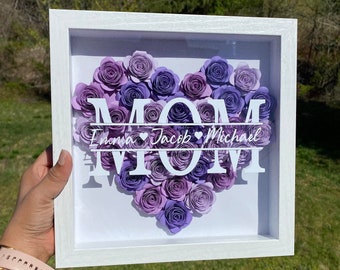 Mom Shadowbox with Flowers/Personalized Shadowbox w names/Mother's Day gift/Customized mom gift/Paper Flower Gift Box/Mom w Kids Name frame