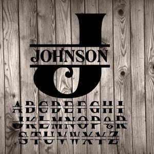 May include: A black and white split monogram design with the letter "J" and the name "JOHNSON" above the letter. The image also includes a full alphabet with the same split monogram design.