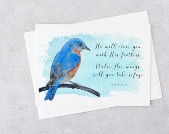 Bluebird art notecard, "He will cover you with His feathers" quote, blank greeting card with envelope, single card OR set of 8