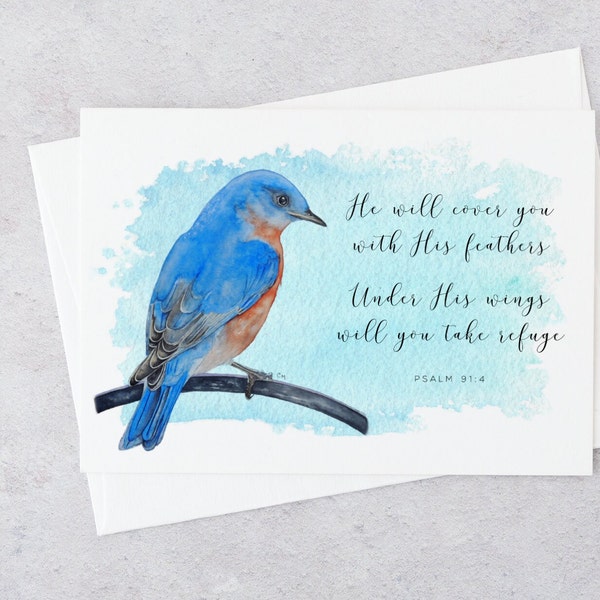 Bluebird art notecard, "He will cover you with His feathers" quote, blank greeting card with envelope, single card OR set of 8