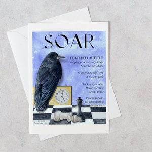 Crow art watercolor painting, crow wins chess game, funny blank greeting card with envelope