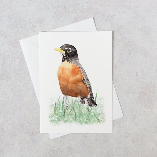 American Robin watercolor bird portrait, blank stationery notecard with envelope