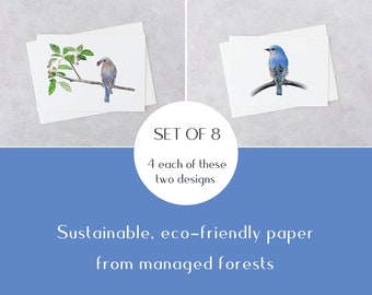 Bluebird pair blank notecard set of 8 with envelopes, original watercolor paintings, eco friendly