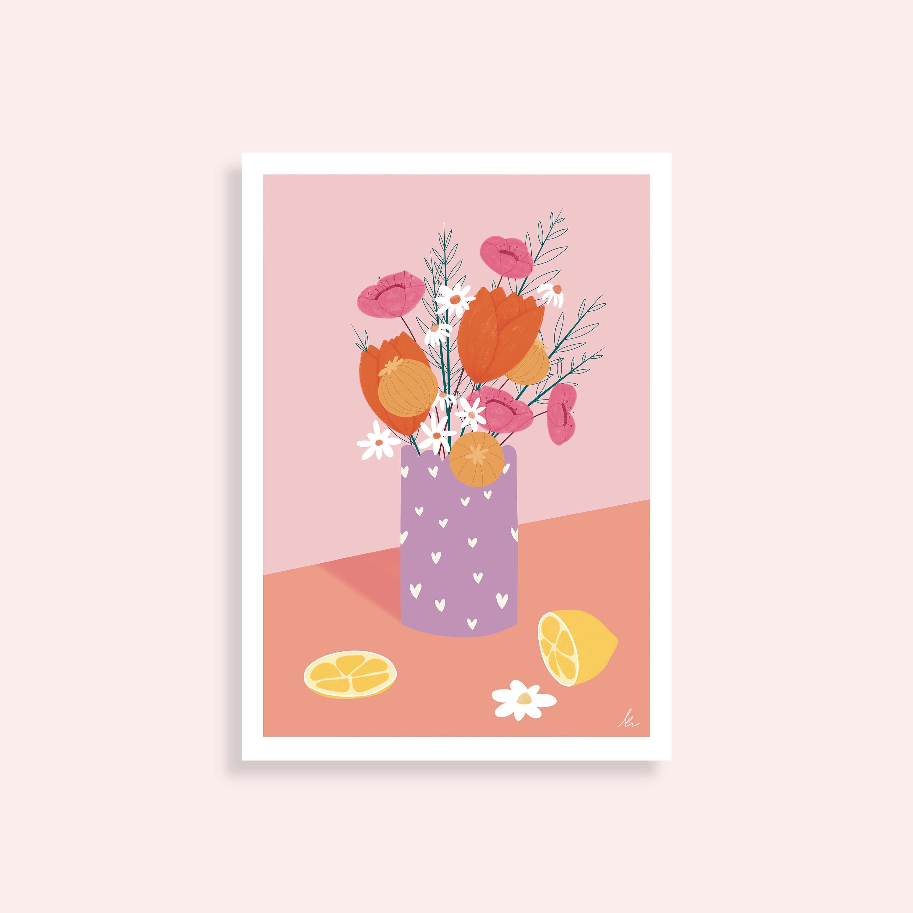 Le Vase - Affiche Vase A4 Illustration, Fleurs, Citron, Flower, Print, Poster, Coeur